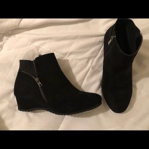 Black suede wedge moto booties